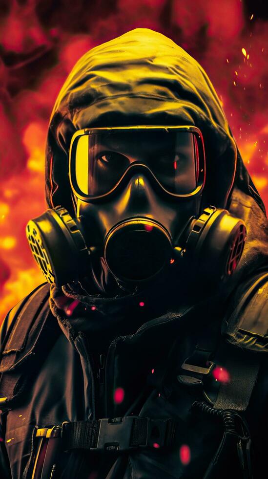 fantasi karaktär bär gas mask med gul cyberpunk tema. generativ ai foto