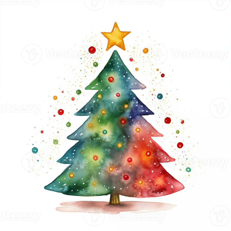 färgrik vattenfärg illustration av en jul träd i regnbåge färger foto
