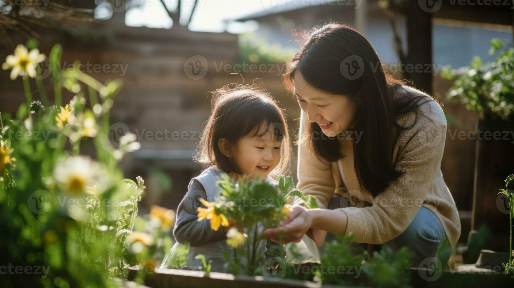 leende mor och dotter ta vård av blommor medan trädgårdsarbete på bruka ai genererad foto