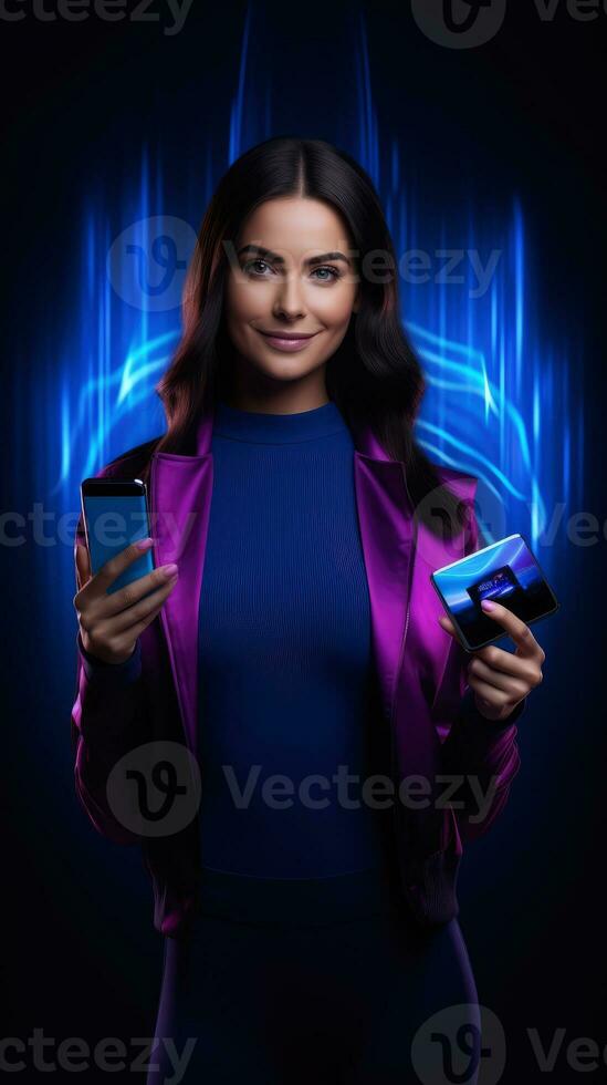 kvinna inbjudande för uppkopplad handla med smartphone, svart fredag, cyber måndag försäljning. neon bakgrund ai genererad foto