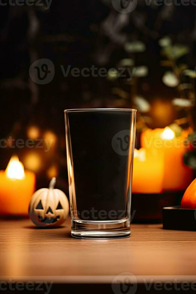 tom glas skott för alkoholhaltig drycker med fläck halloween bakgrund attrapp ai genererad foto