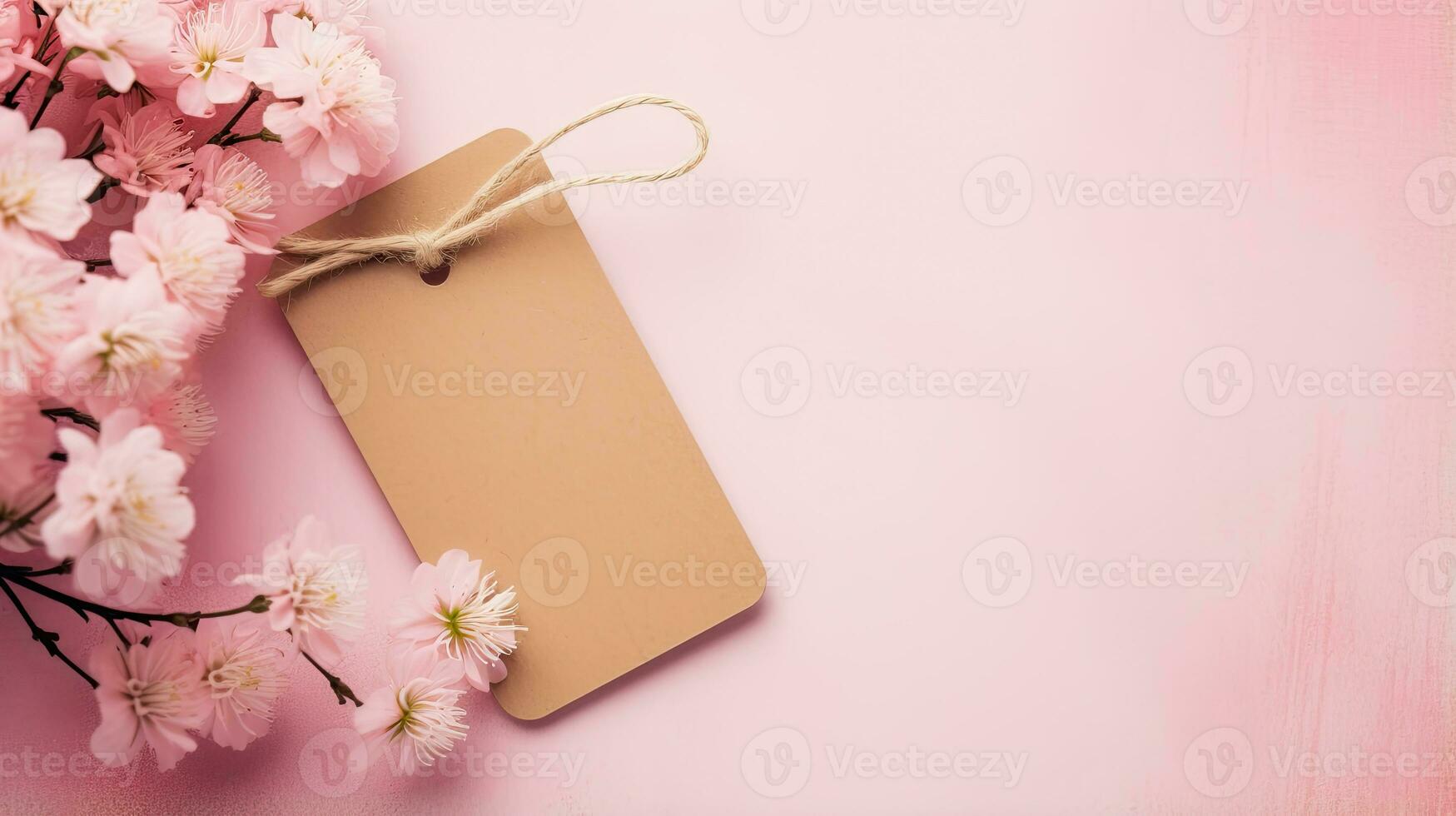 rektangel tom brun papper kort kraft märka märka attrapp med rosa blomma bakgrund ai genererad foto