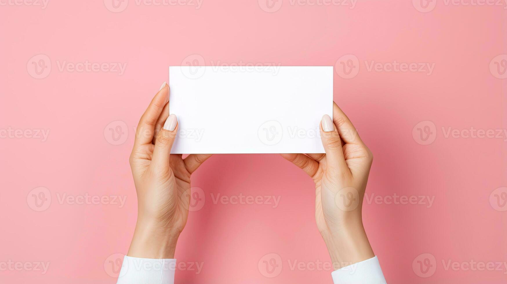 kvinna händer med tom företag kort eller rabatt kort på platt Färg bakgrund med kopia Plats ai genererad foto