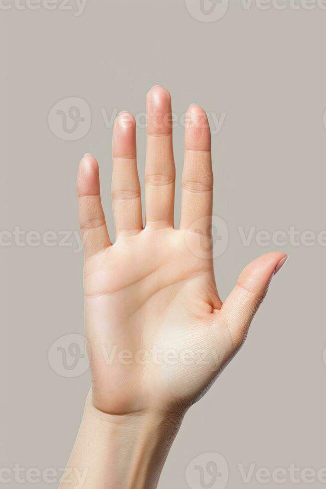 kvinna hand eller förhand signal till prata till de hand ai genererad foto