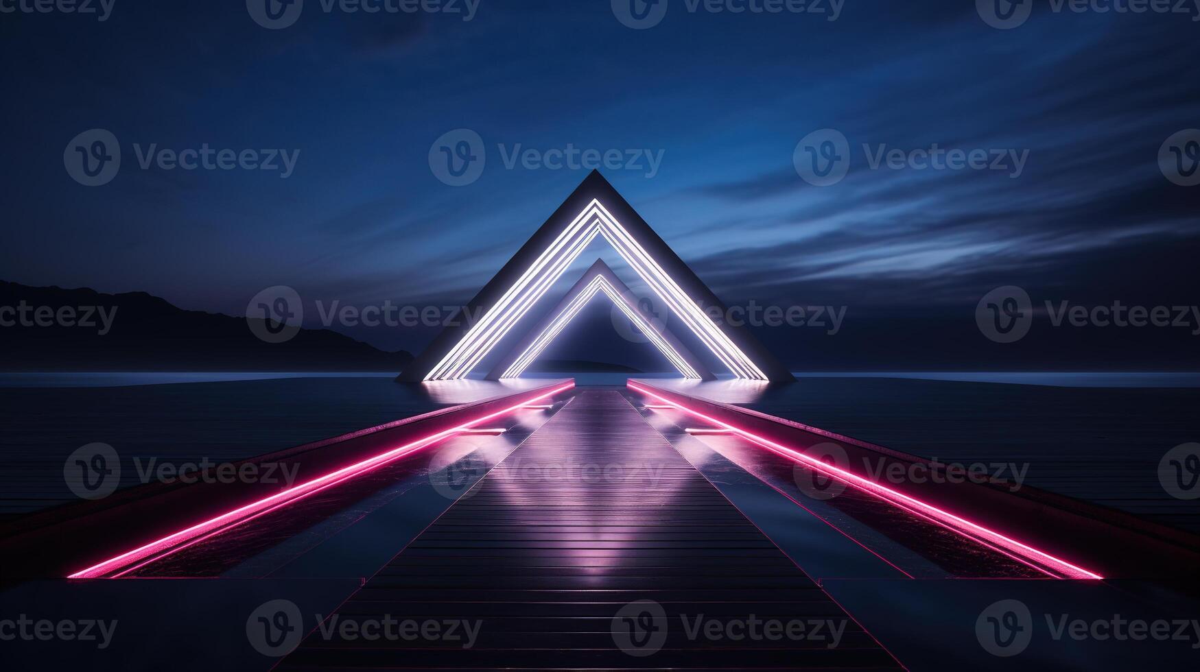 generativ ai, minimalistisk ö paradis med geometrisk neon ljus bro, trogen landskap foto