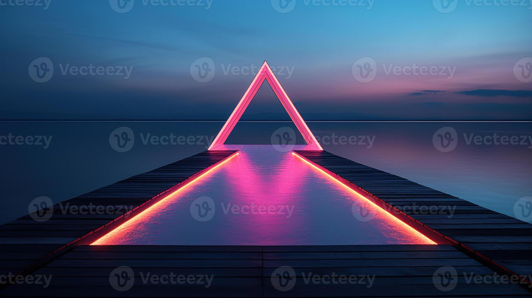 generativ ai, minimalistisk ö paradis med geometrisk neon ljus bro, trogen landskap foto