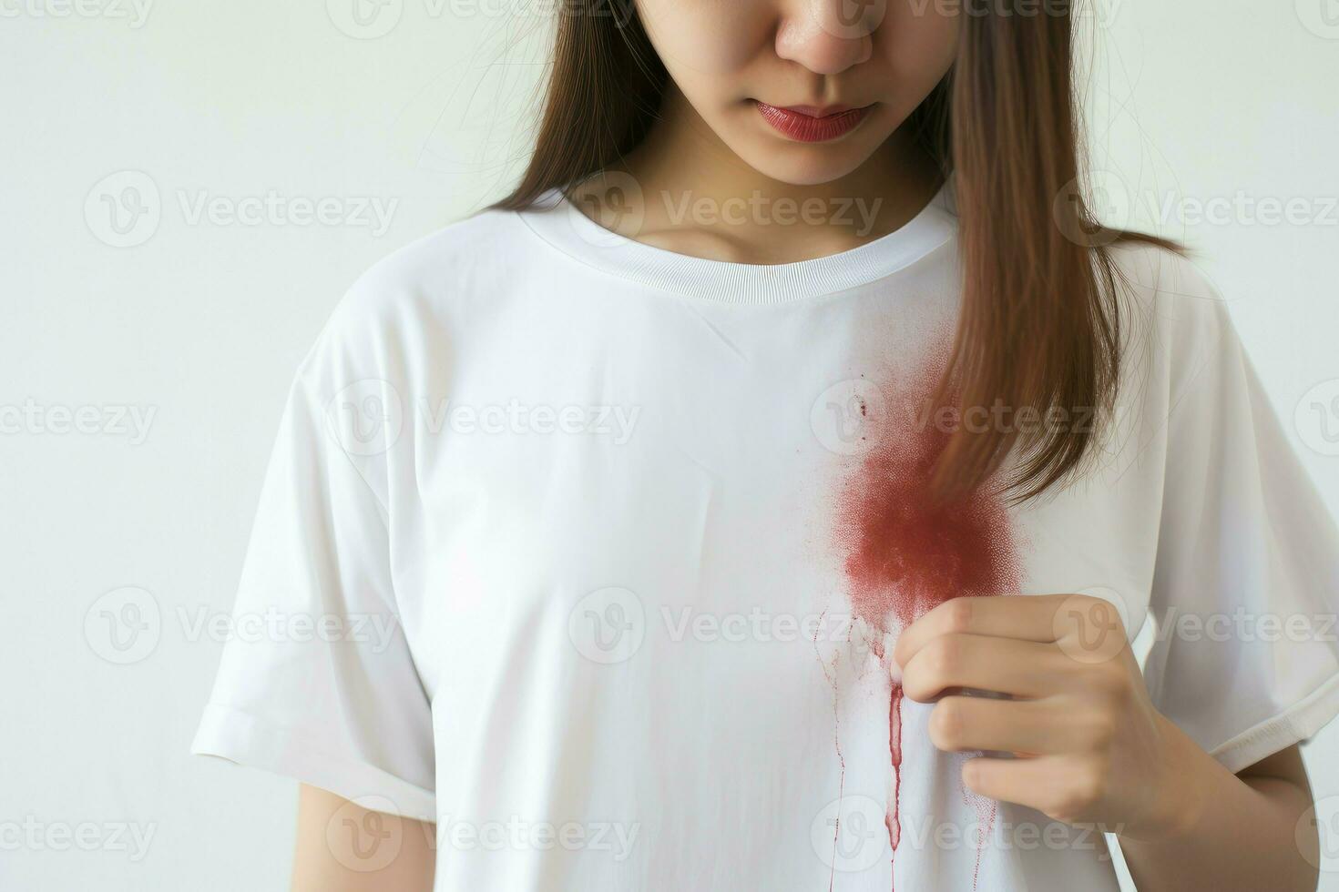 kvinna som visar färga från sås på henne skjorta eliminera. generera ai foto