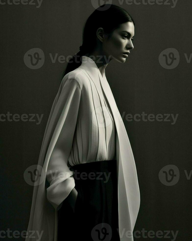 med en minimalistisk stil, en kvinna elegant bär en vit skjorta och svart byxor, symboliserande raffinemang.. generativ ai foto