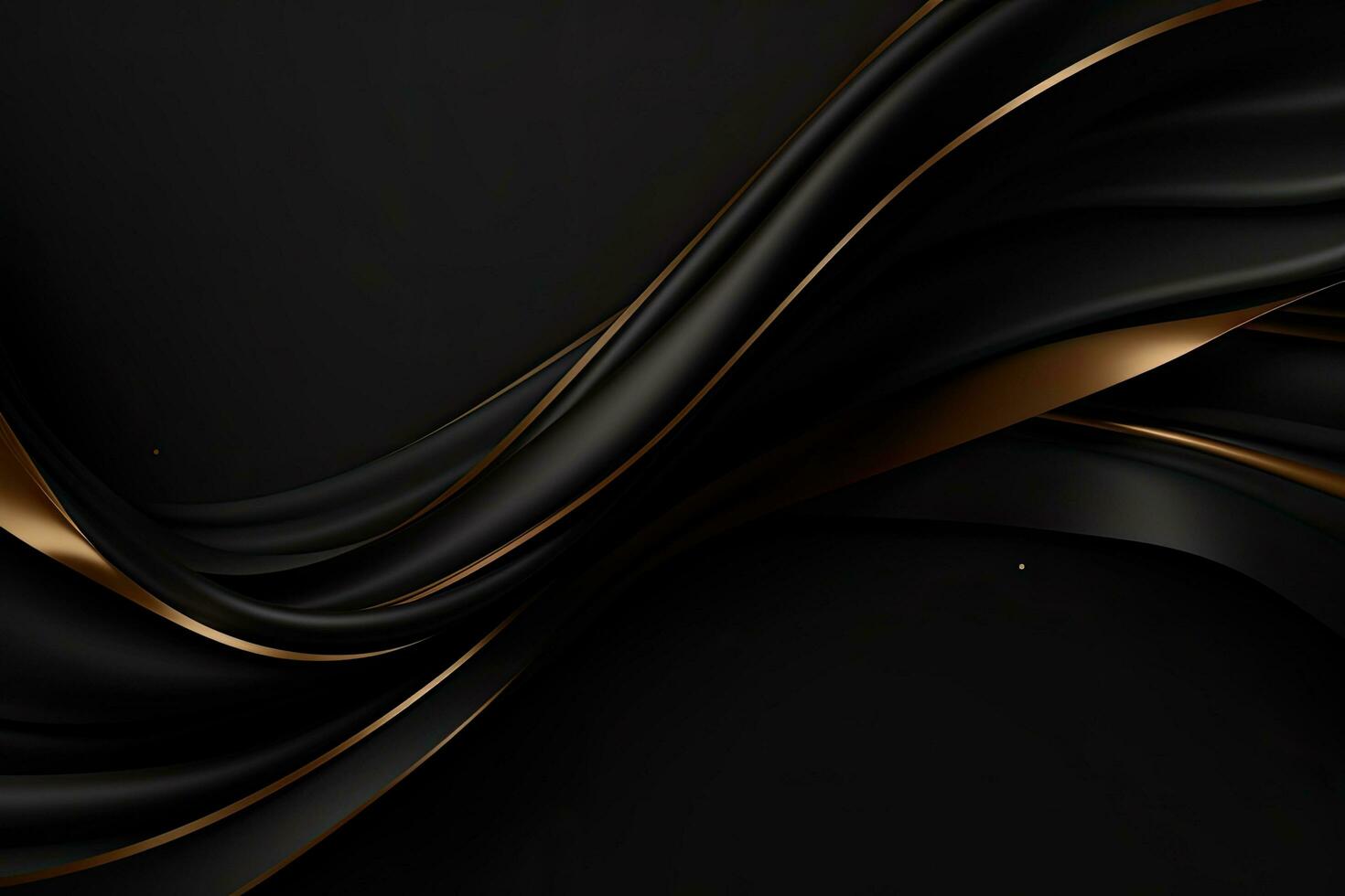 svart abstrakt vågig bakgrund med gyllene rader. 3d framställa illustration, lyxig svart linje bakgrund, ai genererad foto