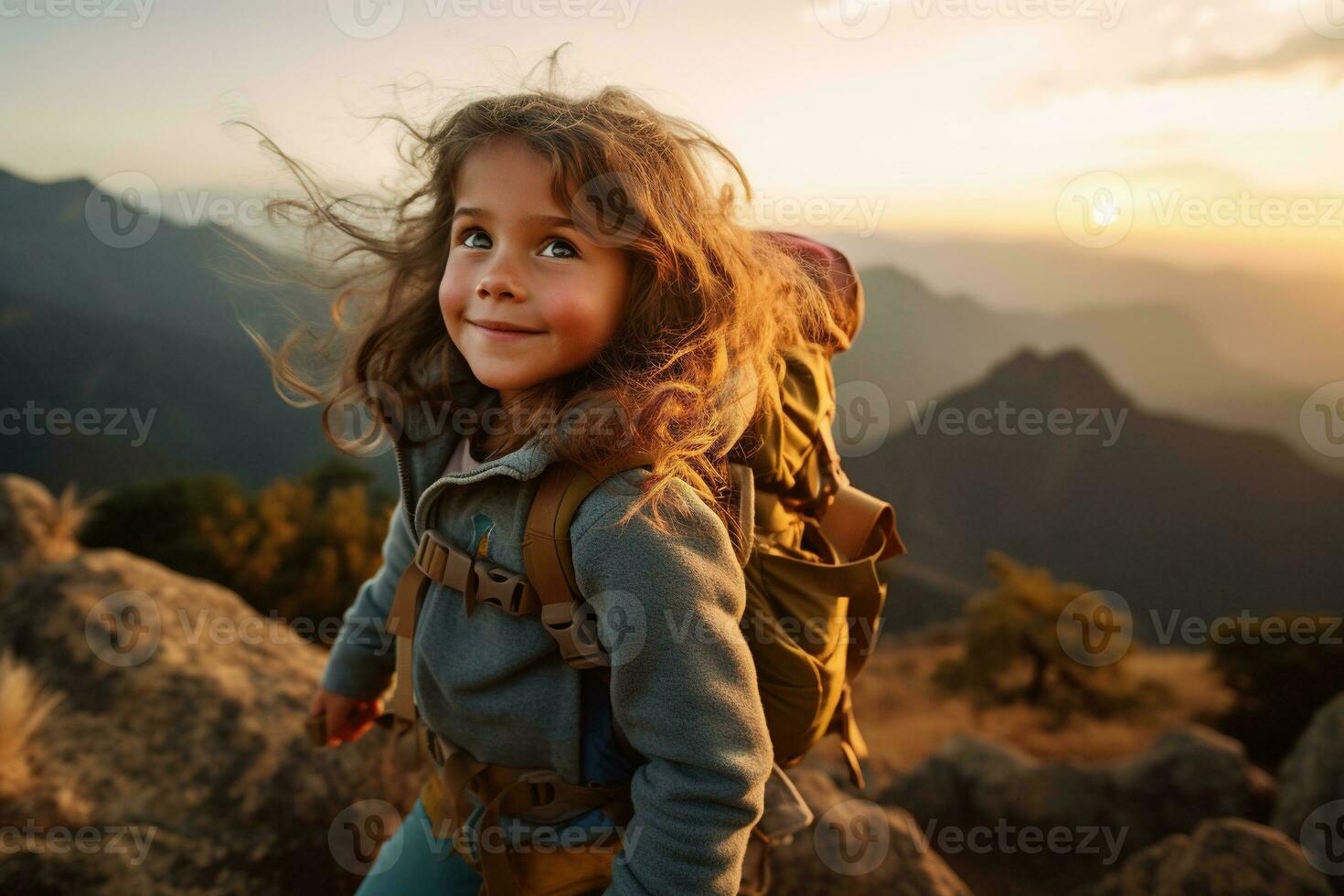 liten flicka med ryggsäck vandring på berg topp på solnedgång, resa och äventyr begrepp ai genererad foto