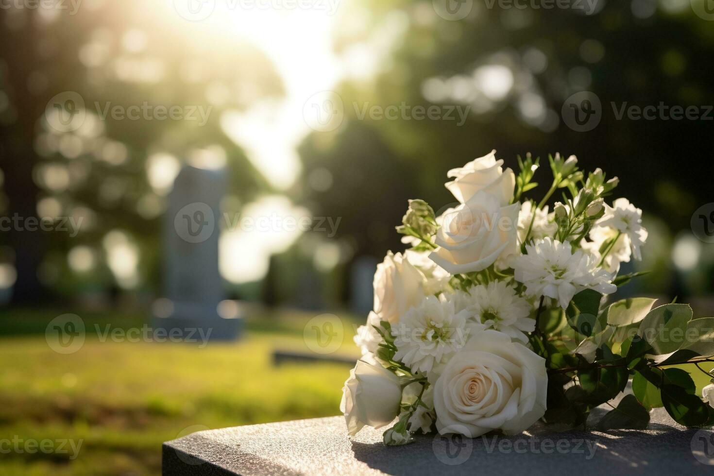 vit blommor i främre av en gravsten på en kyrkogård med solnedgång.begravning begrepp ai genererad foto