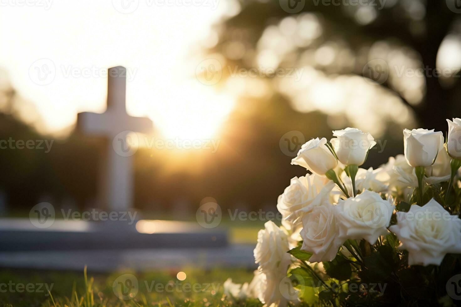 vit blommor i främre av en gravsten på en kyrkogård med solnedgång.begravning begrepp ai genererad foto