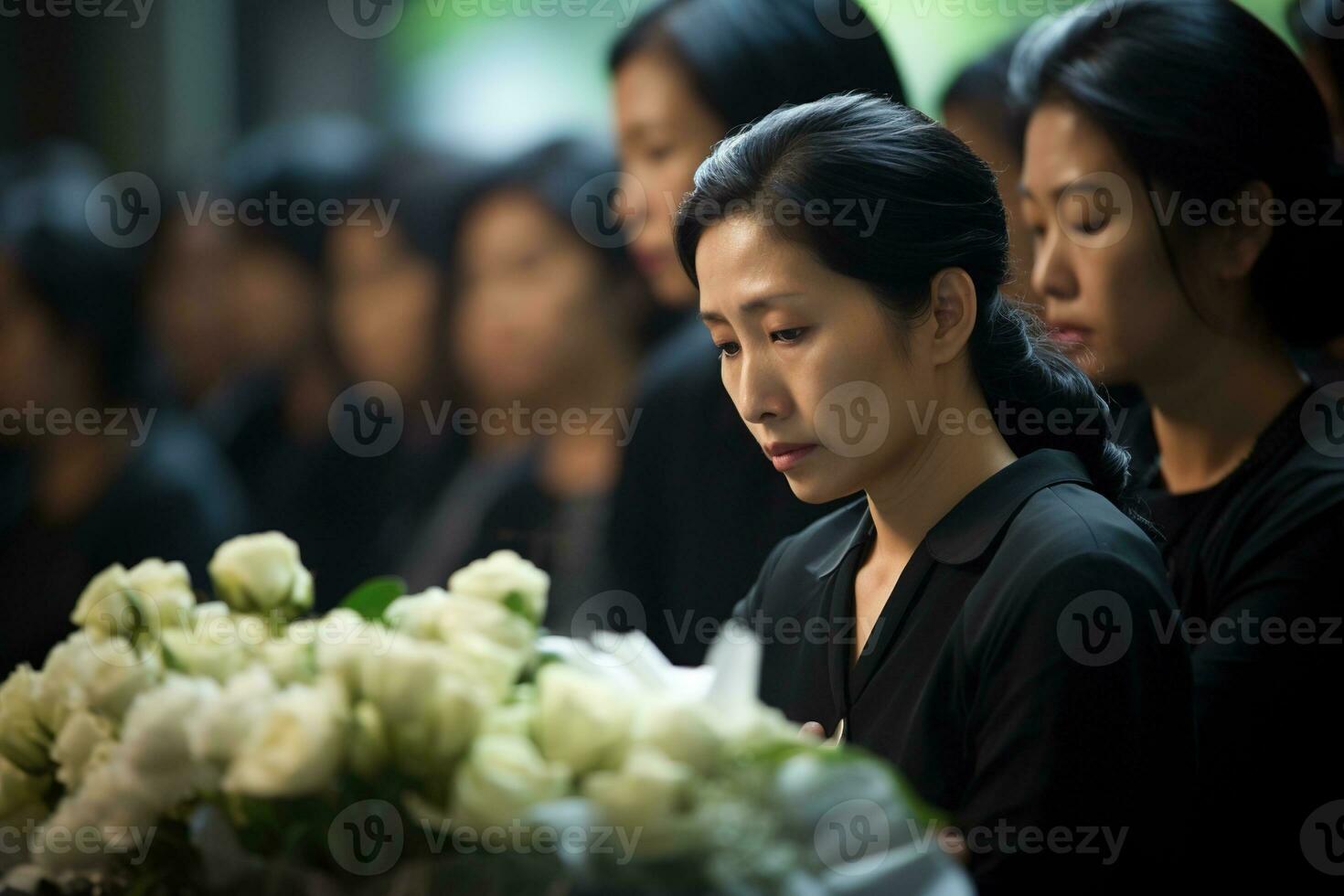 asiatisk kvinna i sorg- på en begravning, grund djup av fält.begravning begrepp ai genererad foto