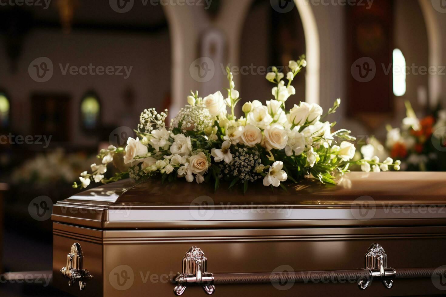 skön blommor i en Kista på en begravning ai genererad foto