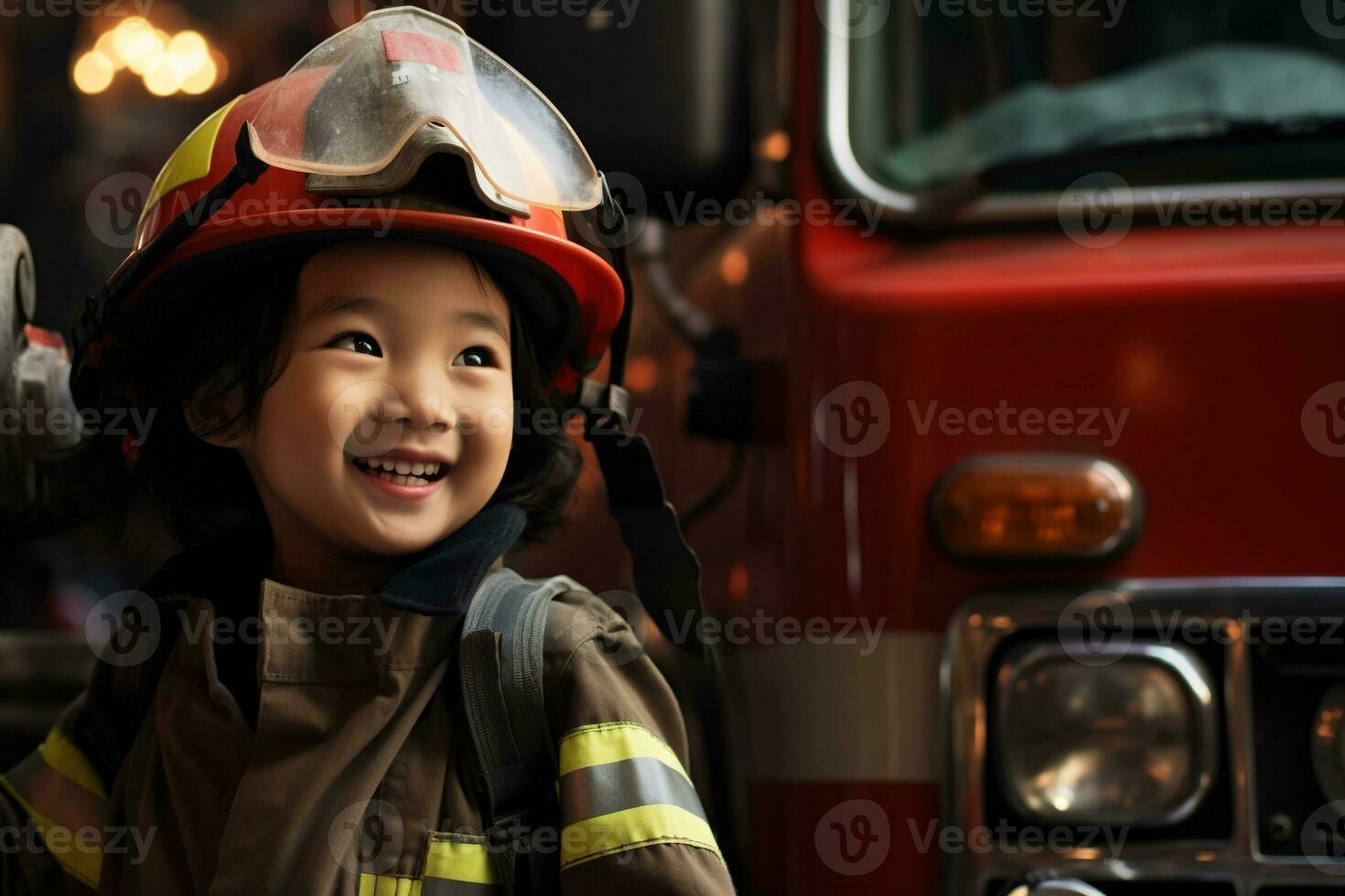 porträtt av en söt liten asiatisk flicka bär en brandman enhetlig ai genererad foto