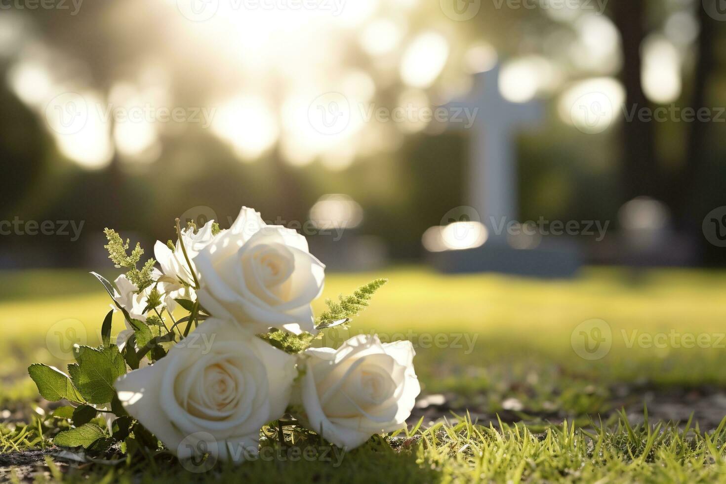 vit blommor i främre av en gravsten på en kyrkogård med solnedgång.begravning begrepp ai genererad foto