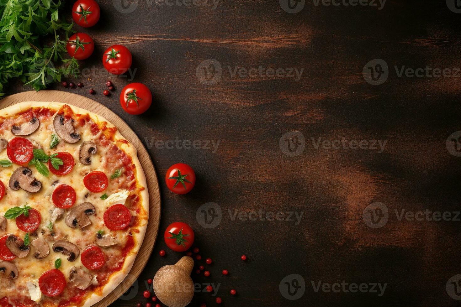 pepperoni pizza på en mörk bakgrund. topp se med kopia Plats. ai genererad foto