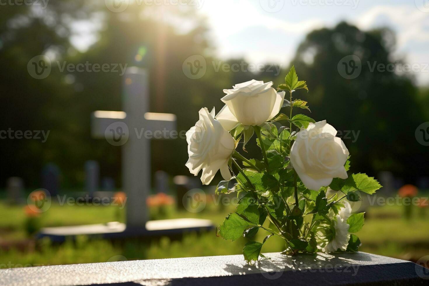 vit blommor i främre av en gravsten på en kyrkogård med solnedgång.begravning begrepp ai genererad foto