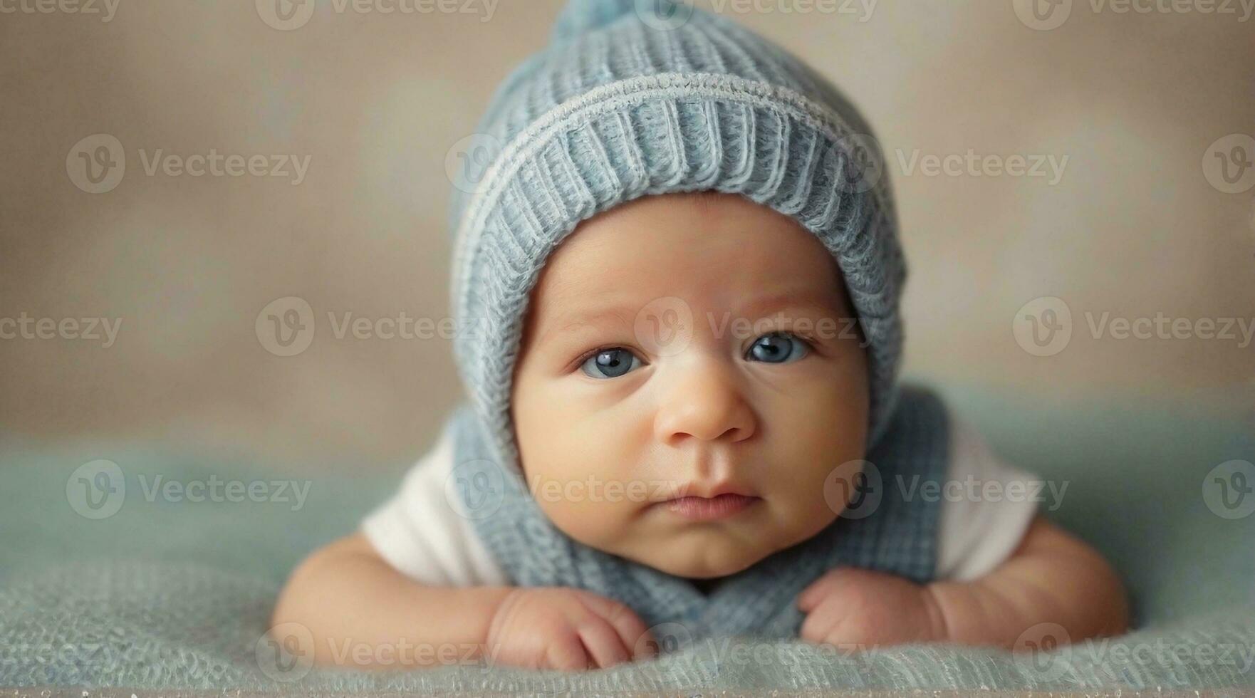 söt nyfödd bebis pojke mot färgrik bakgrund med Plats för text, barn bakgrund bild, ai genererad foto
