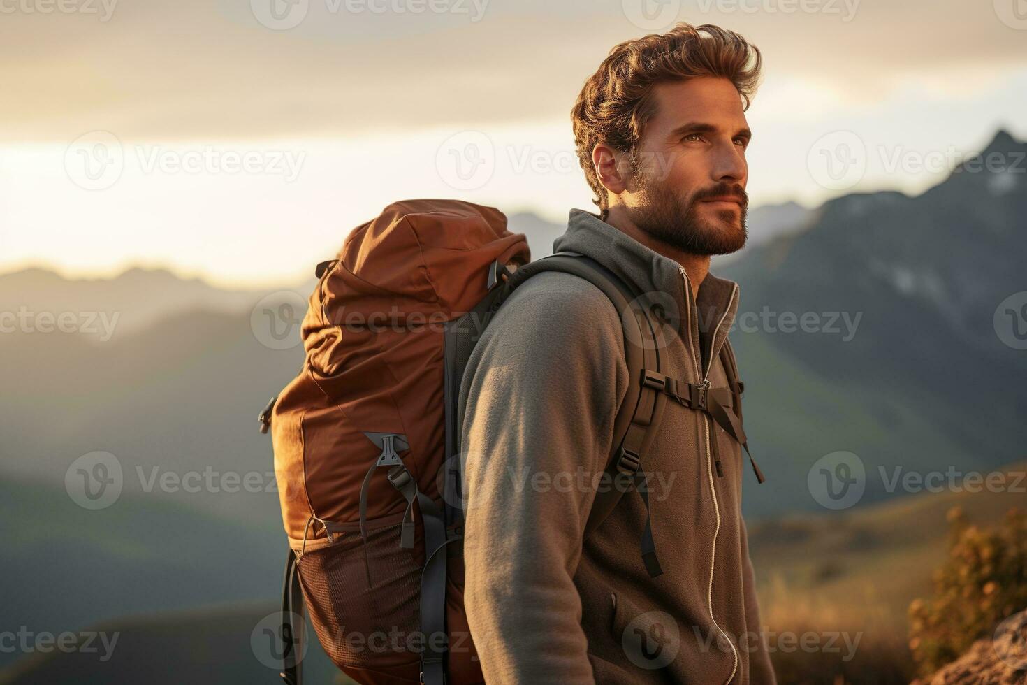 stilig ung man med ryggsäck vandring i de bergen på solnedgång ai genererad foto