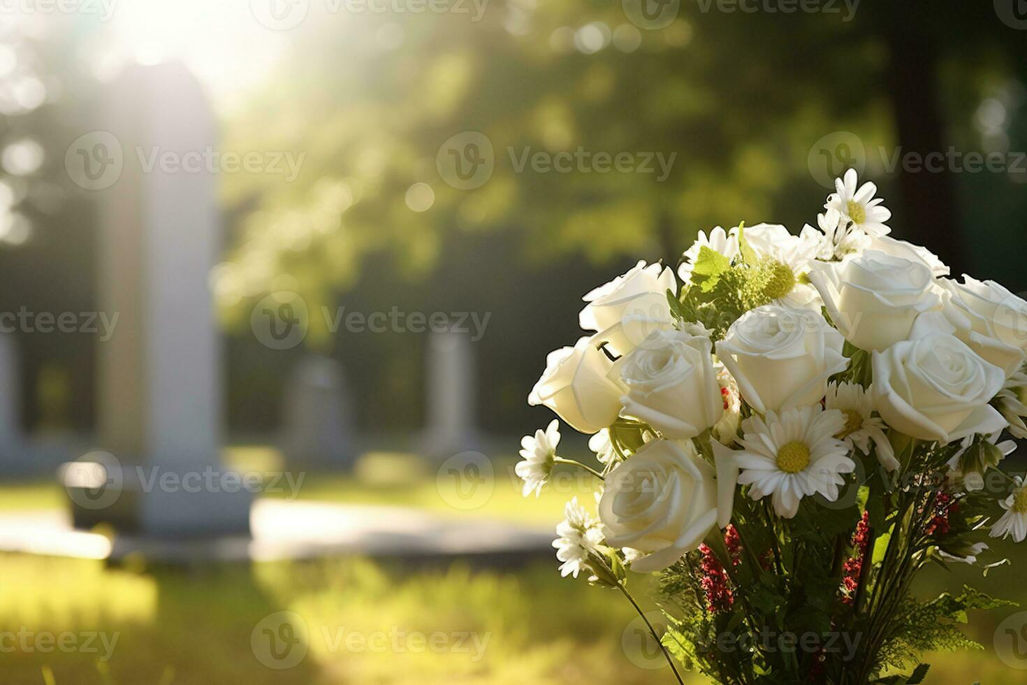 vit blommor i främre av en gravsten på en kyrkogård med solnedgång.begravning begrepp ai genererad foto