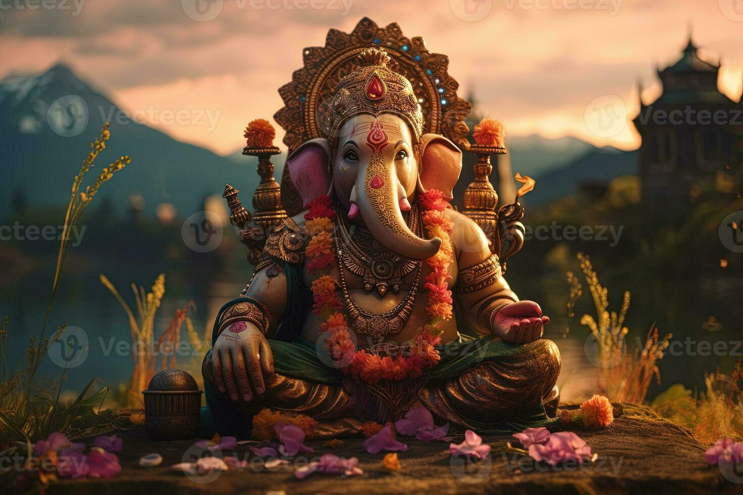 hindu Gud ganesha med blommor ai genererad foto