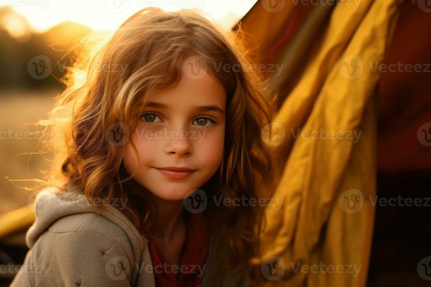 porträtt av söt liten flicka på kamera medan stående nära camping tält på solnedgång ai genererad foto