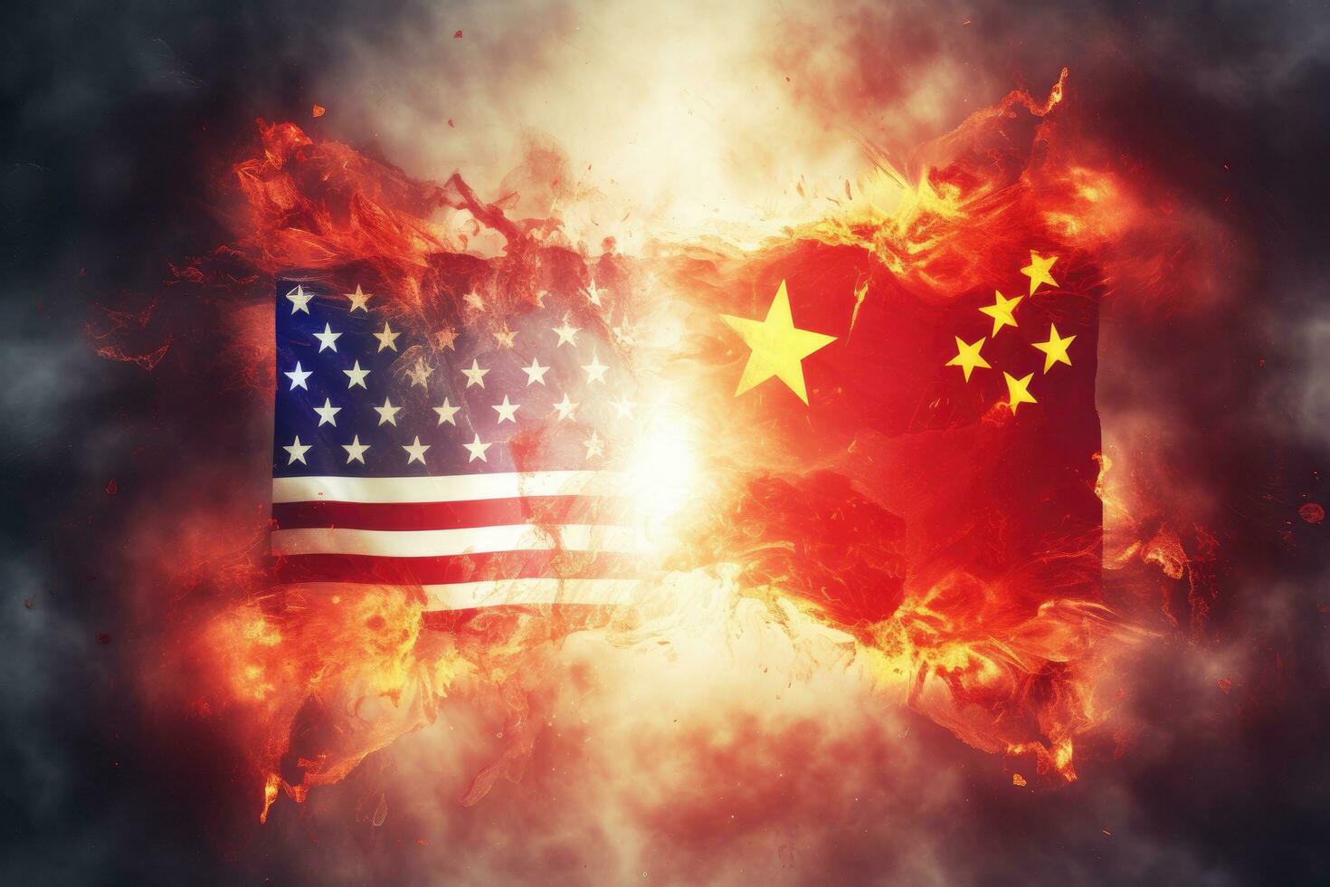 USA mot Kina, politisk konflikt begrepp - två flaggor av de förenad stater och Kina på rök bakgrund, USA mot Kina flagga på brand, ai genererad foto
