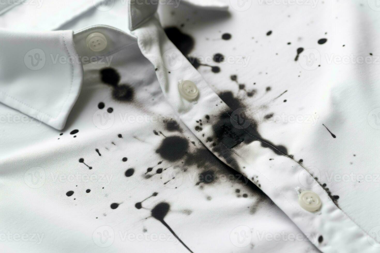 penna och färga av svart bläck på vit skjorta närbild. generera ai foto