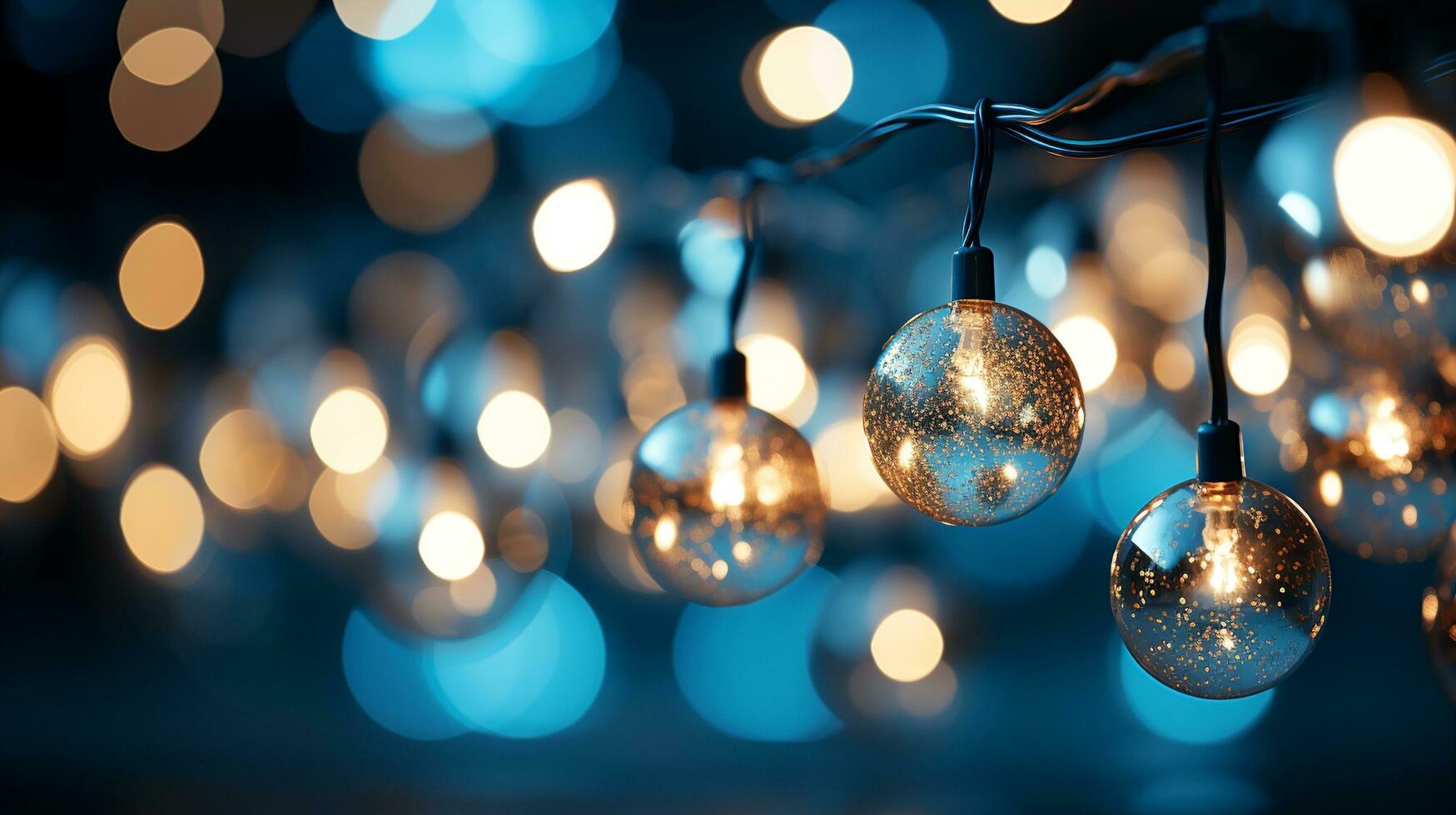 jul krans bokeh lampor över gyllene blå bakgrund ai genererad foto