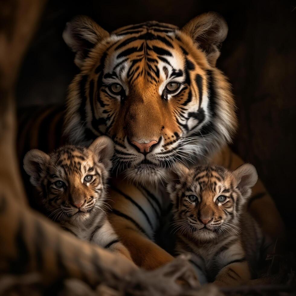 stänga upp porträtt av tiger familj, mor och ungar, generativ ai foto