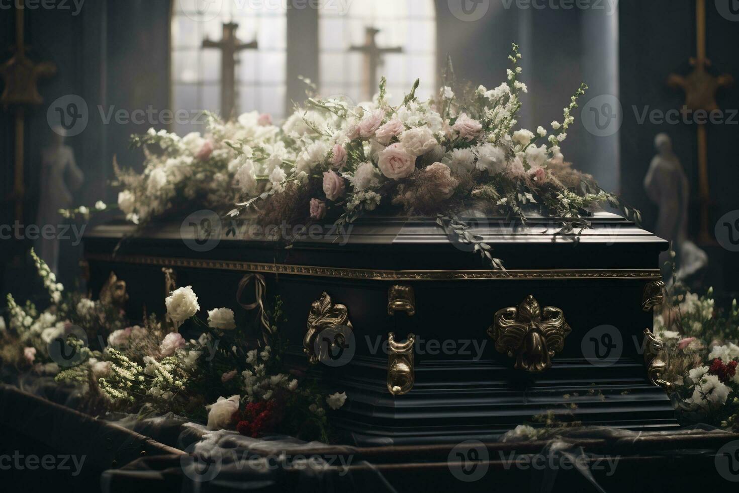 närbild skott av en skrin i en likvagn eller kapell innan begravning eller begravning på kyrkogård ai genererad foto