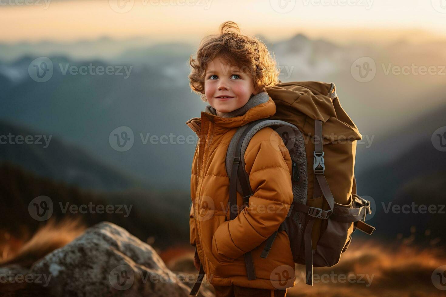 förtjusande liten pojke med ryggsäck vandring i bergen på solnedgång. resa och aktiva livsstil begrepp ai genererad foto