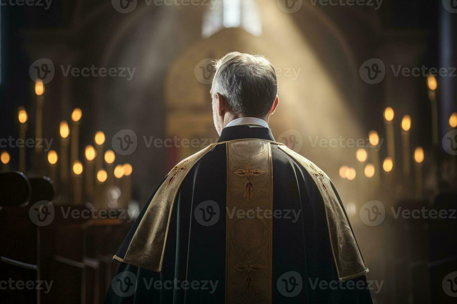 bak- se av präst ser på kyrka interiör. religion begrepp. ai genererad foto