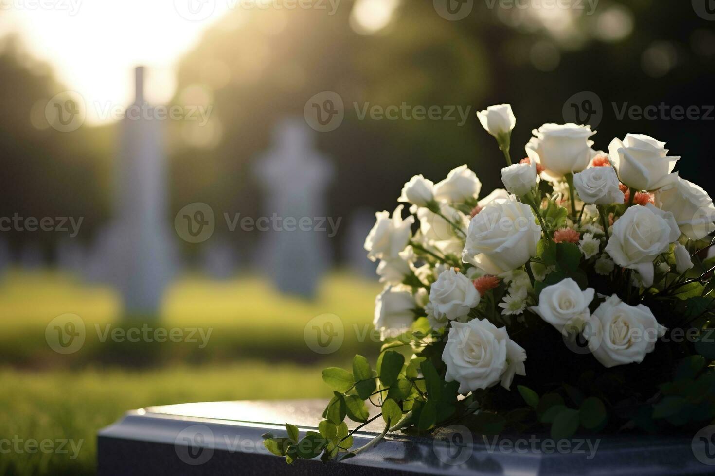 vit blommor i främre av en gravsten på en kyrkogård med solnedgång.begravning begrepp ai genererad foto