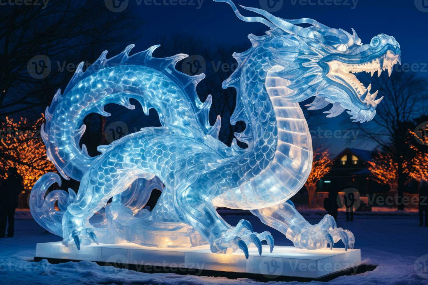 vördnad inspirerande isig drake mästerverk glittrande i de kyligt vinter- månsken foto