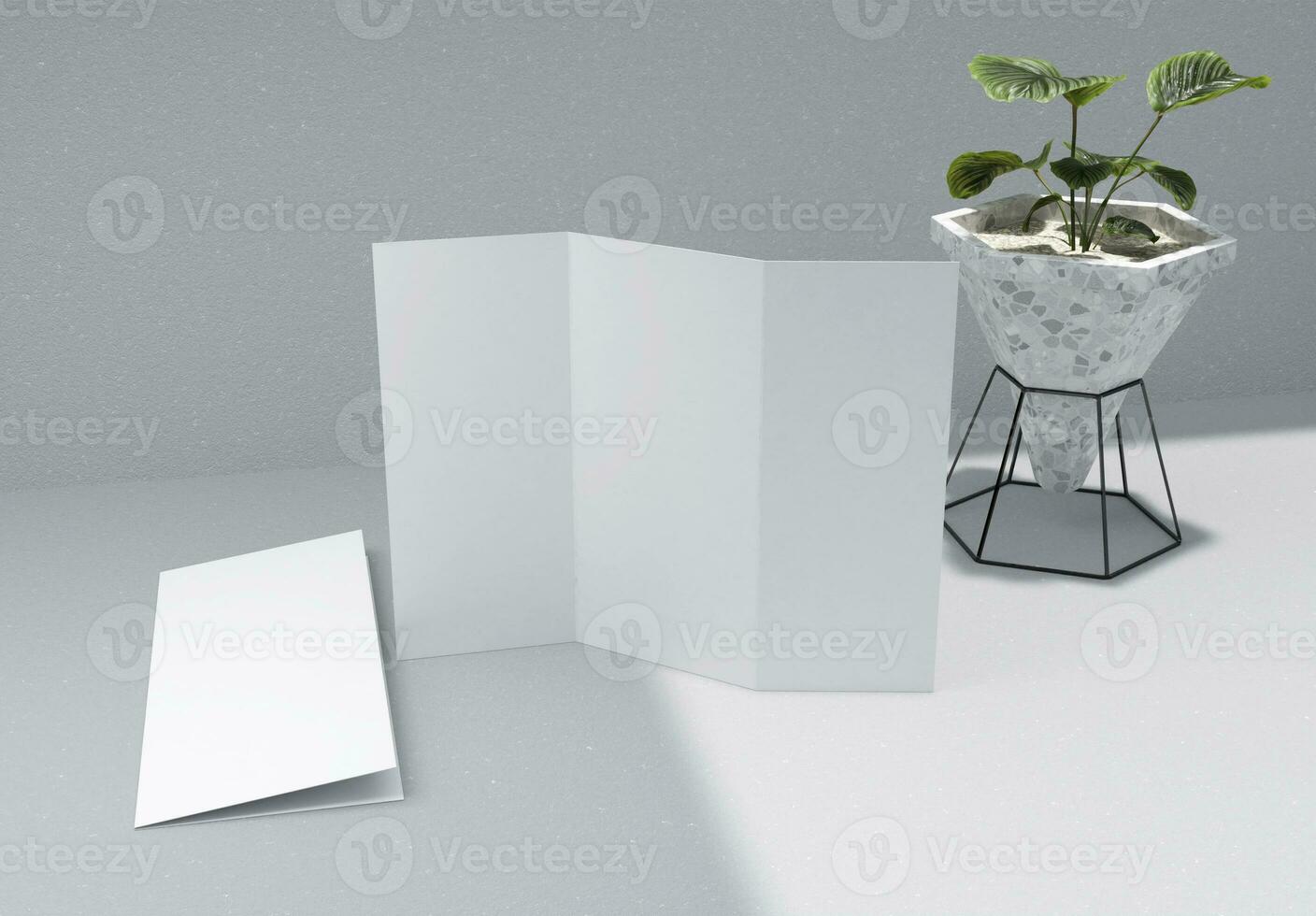 en tom trifold broschyr med 2 vika ihop broschyr och växt Inklusive papper textur och betong bakgrund, bra för mockups. foto