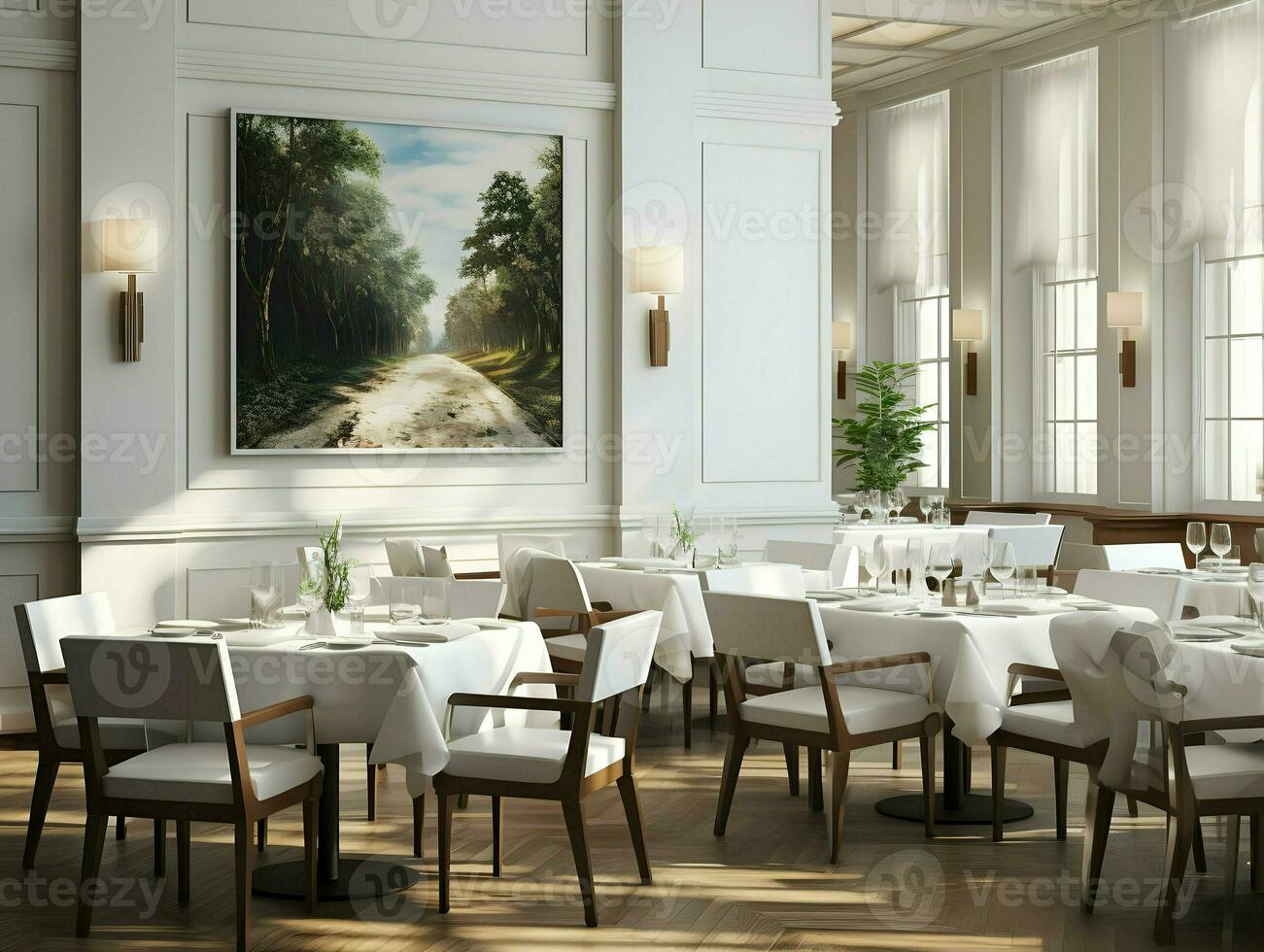 ljus vit professionell minimalistisk dining rum resten. hög upplösning. ai generativ foto