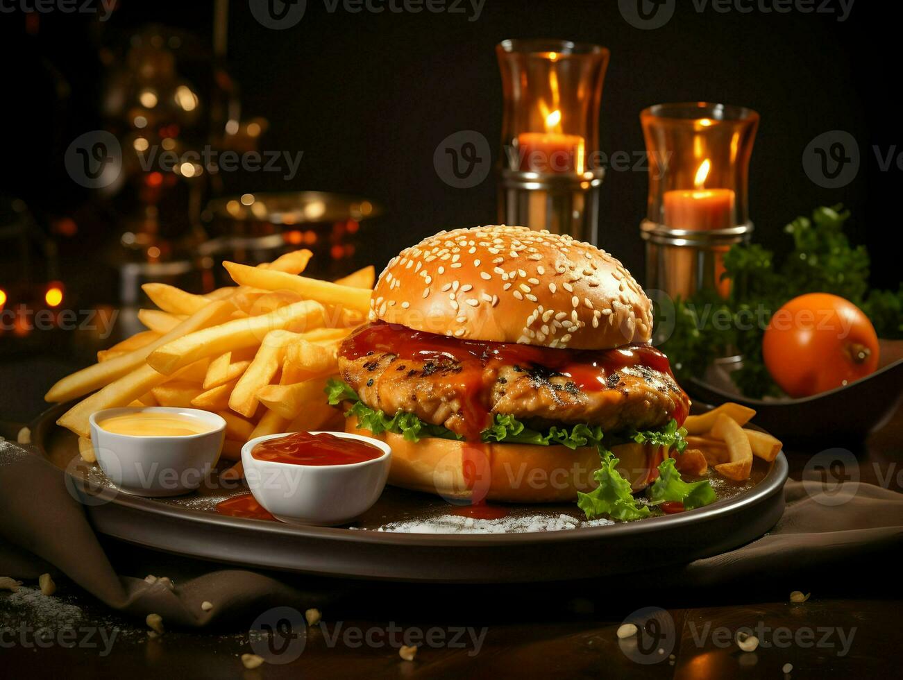 kyckling burger med Cheddarost eras med franska pommes frites. hög upplösning. ai generativ foto