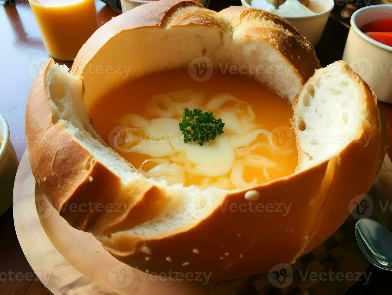 soppa i en skål tillverkad från bröd. hög upplösning. ai generativ foto