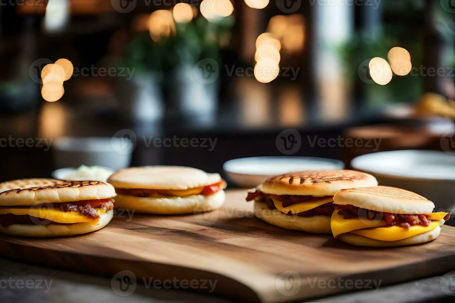 de huvud sak i de bild är arepas, som är en snäll av mat Bakom allt, där är en mycket Bra restaurang ai genererad foto