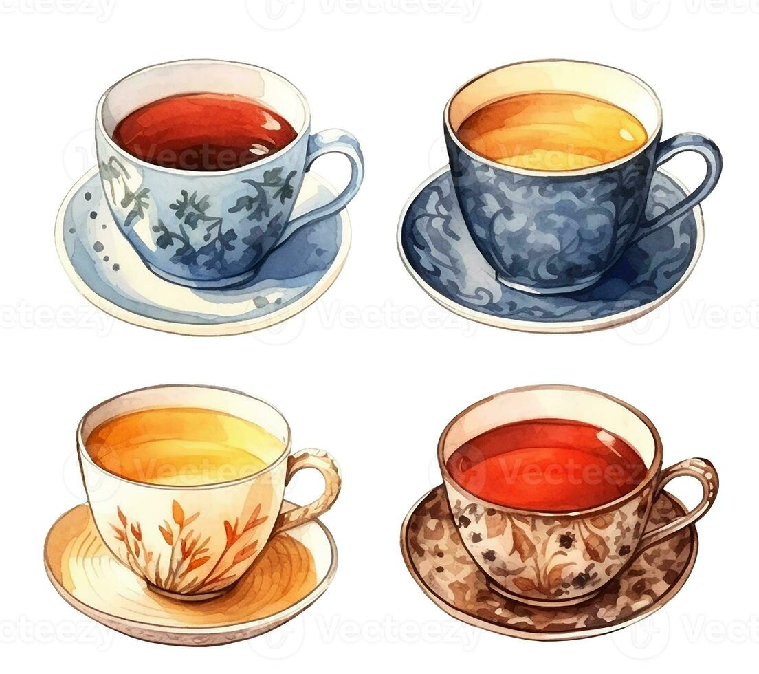 vattenfärg teckning, uppsättning av te koppar. årgång illustration, klassisk engelsk te. ai genererad foto