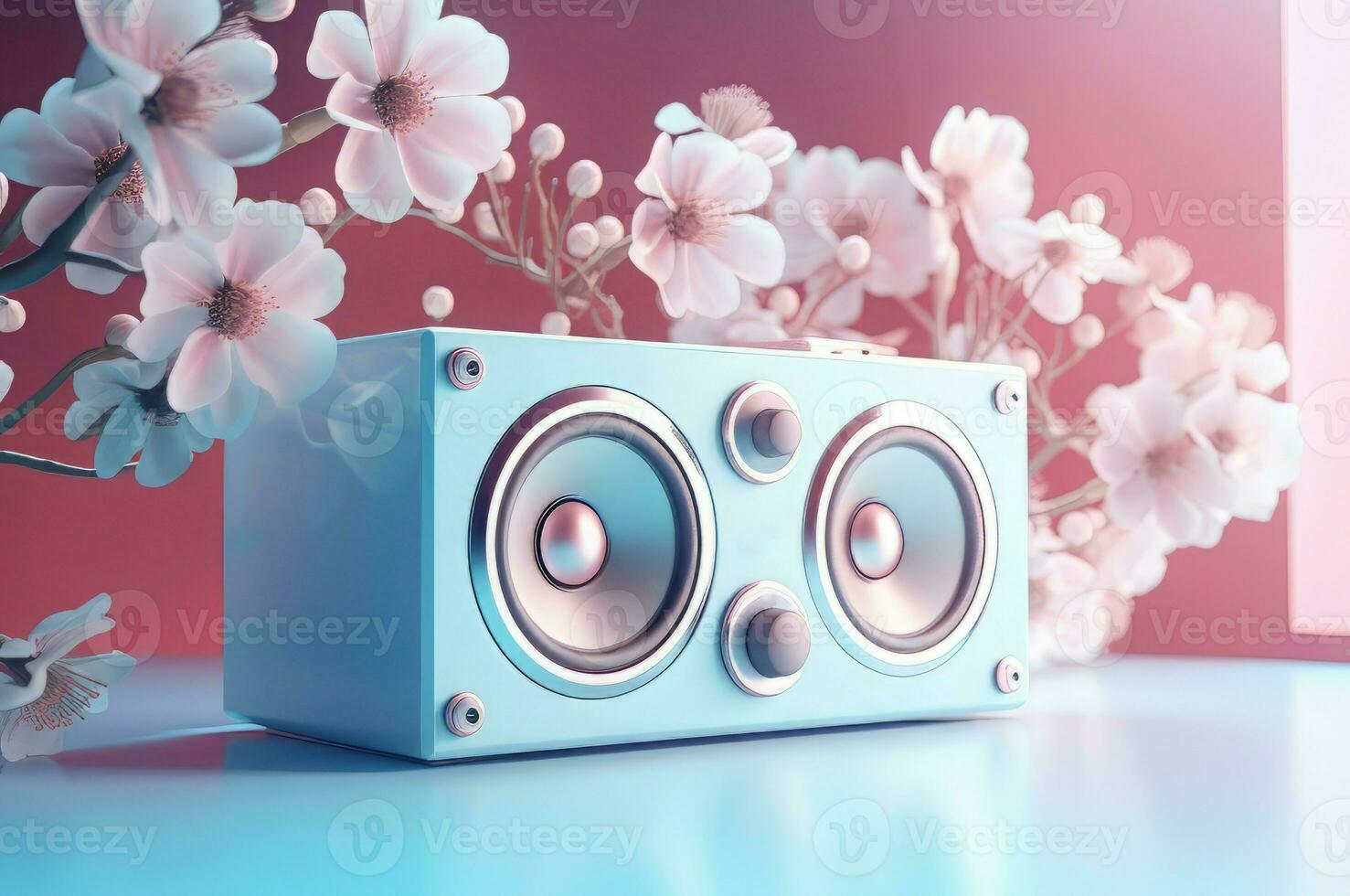 stereo omgiven högtalare med rosa blommor. generera ai foto
