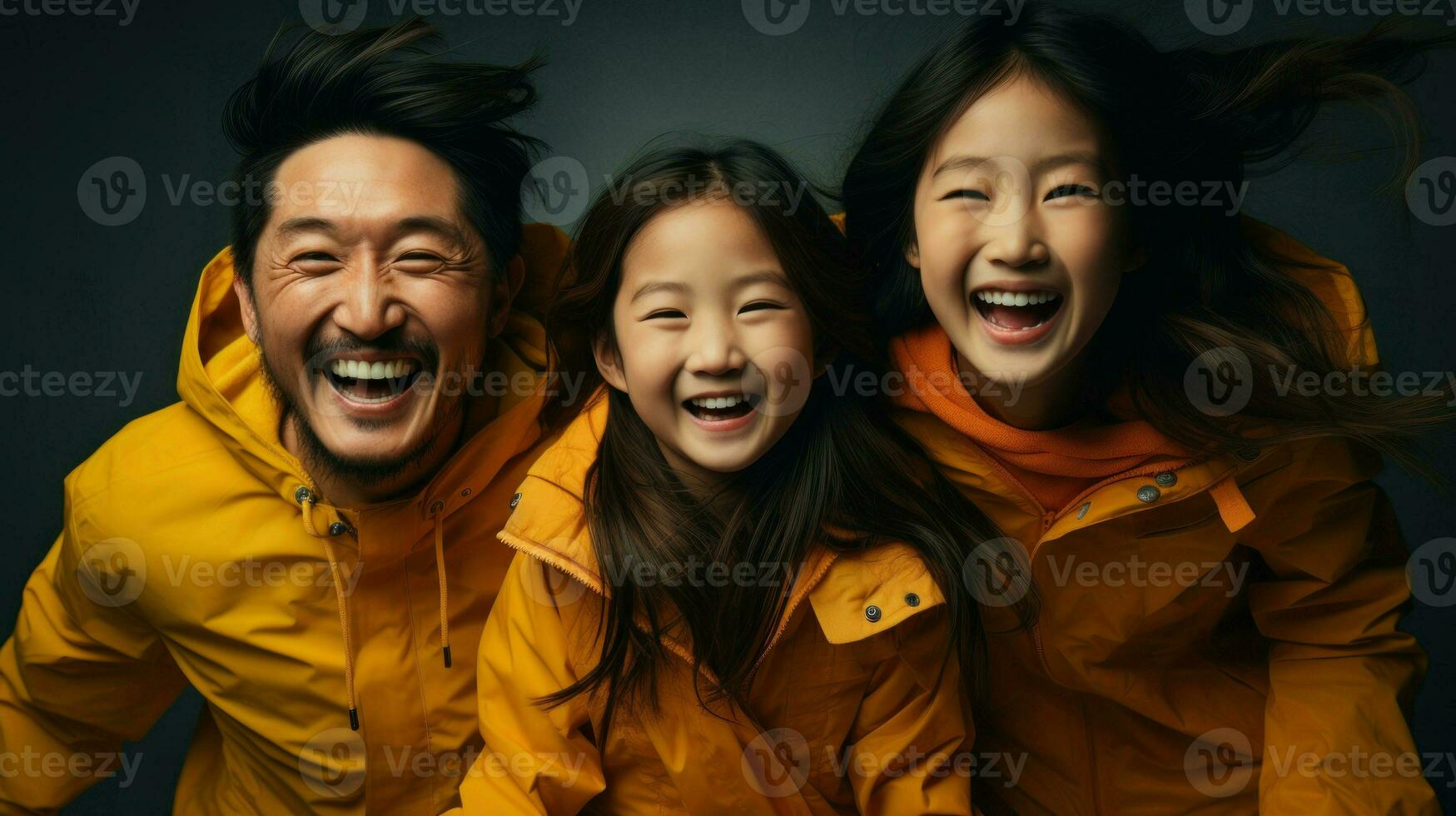 tre medlemmar av en asiatisk familj, kanske mor, far och dotter, är skrattande hjärtligt.. generativ ai foto