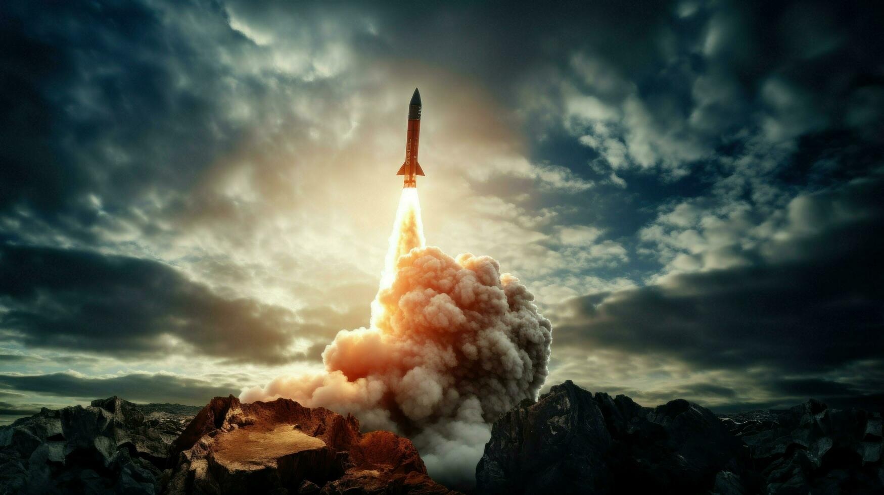 skrämmande ballistisk missil strimmor tvärs över de himmel.. generativ ai foto