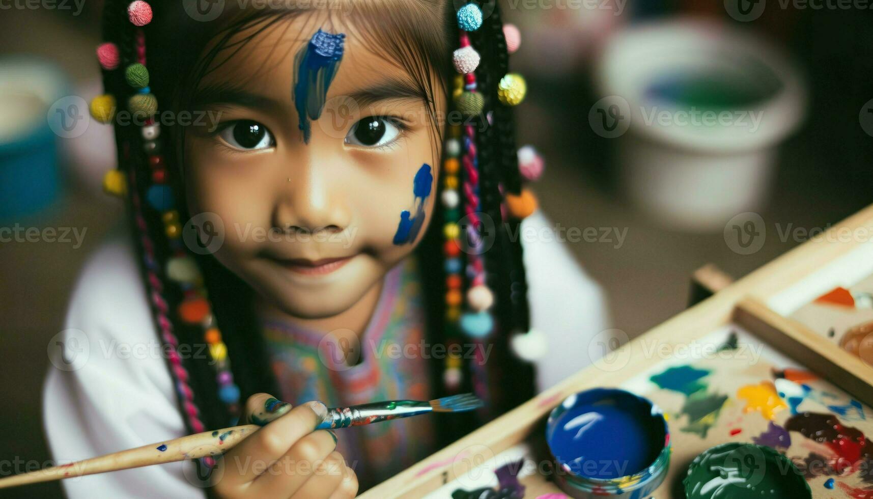 en ung flicka med måla på henne ansikte.. generativ ai foto