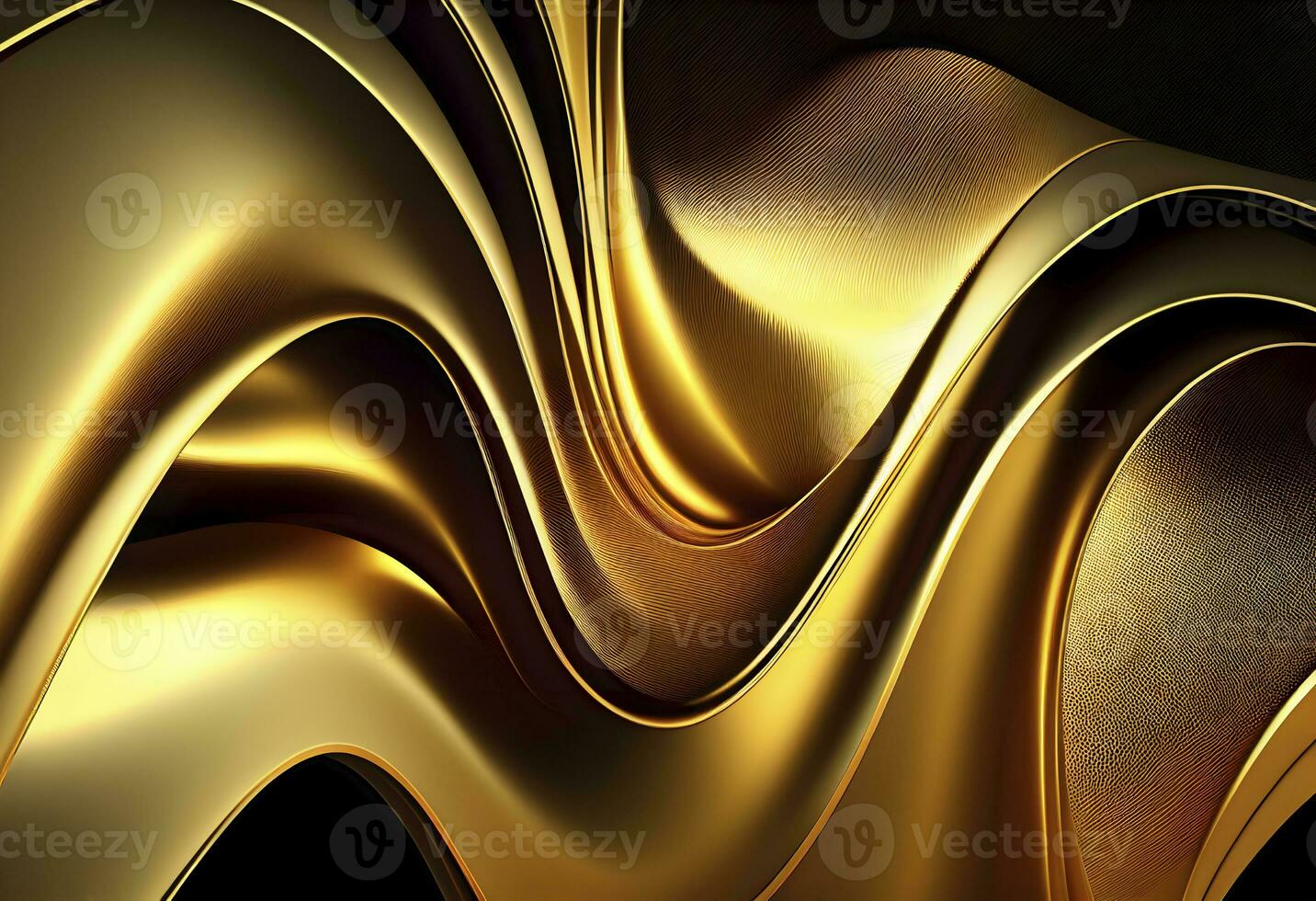3d tolkning kurva dynamisk guld vätska flytande tapet. ljus metall Färg färgrik virvla runt lutning maska. ljus gul levande vibrerande slät yta. suddig vatten lutning bakgrund ai generativ foto
