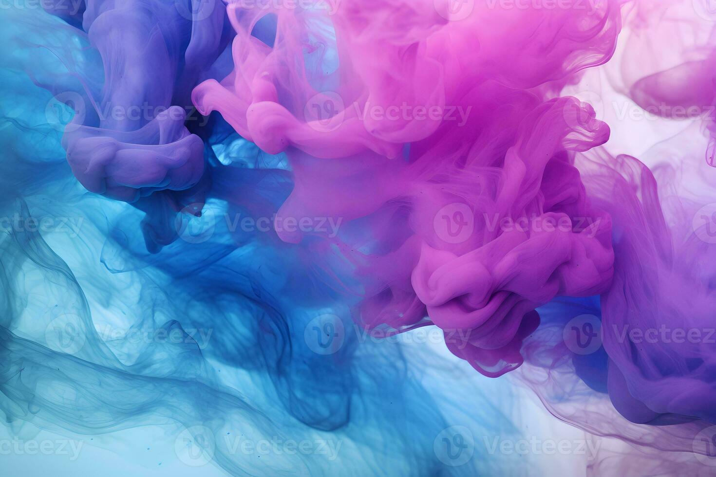 måla i vatten. färgrik konst bakgrund. fluorescerande rök textur. universum energi. lysande ljus blå lila ånga stänk på mörk ai generativ foto