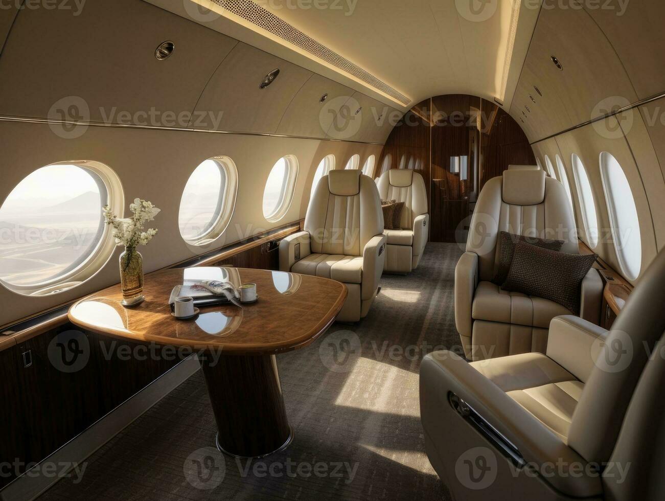 i de lyx interiör av de modern privat företag jet med läder säten och bord, solljus lyser genom fönster. generativ ai foto