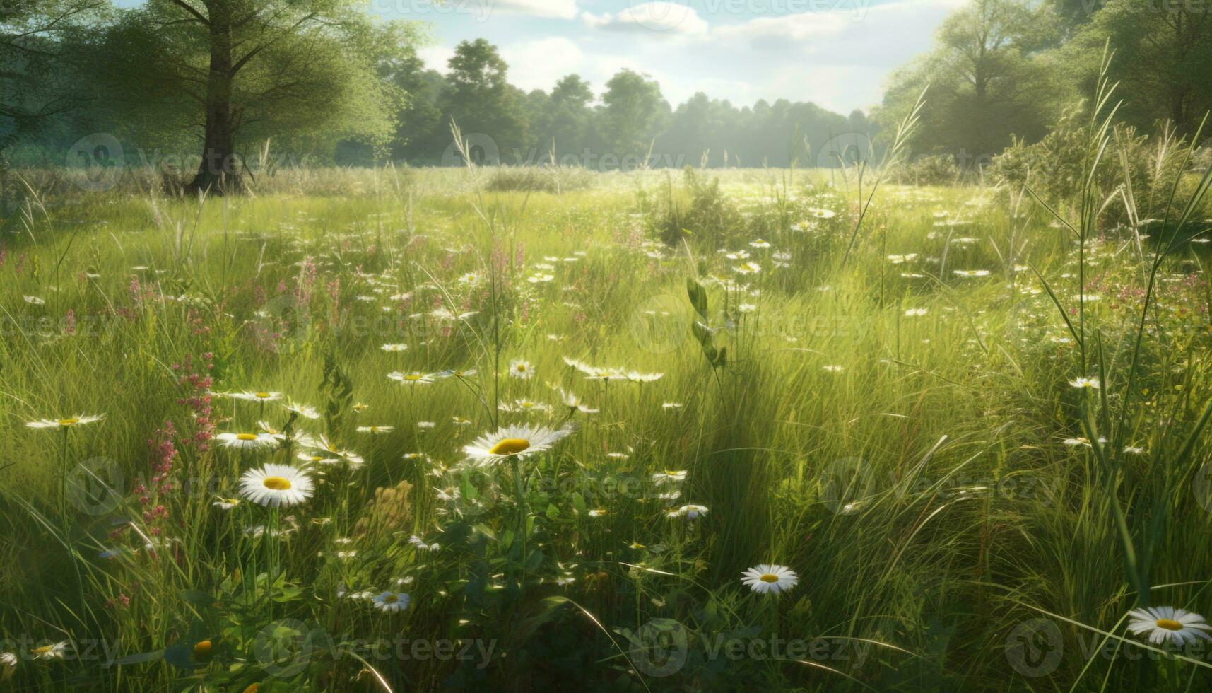 skön sommar äng, grön gräs, vildblommor, gul prästkragar, blå himmel genererad förbi ai foto